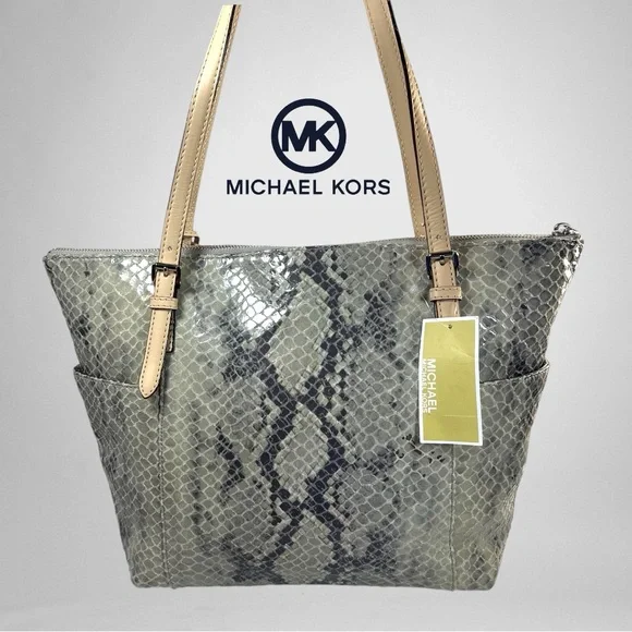 MICHAEL Michael Kors Jet Set Khaki/Gray Python Effect Leather Tote w/ DustbagNWT